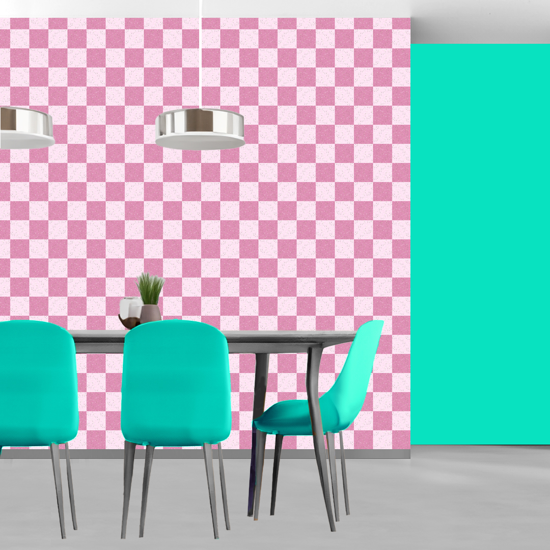 The artwork features a repeating geometric pattern of symmetrical shapes resembling elongated, curved diamonds or petals in various shades of blue and green. Each shape is split vertically with one half filled with a light blue and the other half filled with green or darker blue. The background is a light, almost pastel blue, which provides a soft yet vibrant backdrop. One of the blue shapes near the upper left contains a white starburst element, adding a focal point of brightness to the composition. The overall design conveys a modern, mid-century aesthetic with clean lines and harmonious color contrasts.